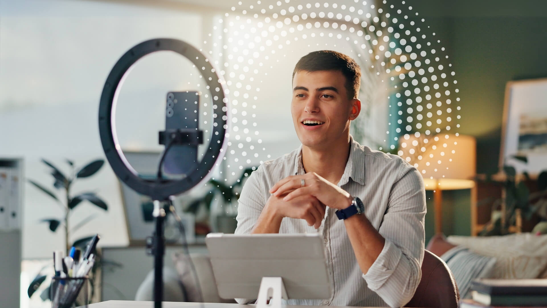 Mann vor Handy und Kreislicht